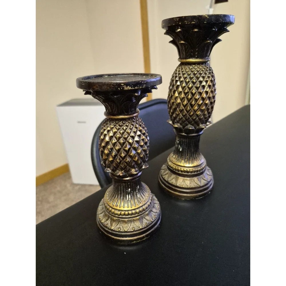 Vintage Style Bronze Pineapple Candle‎ Holder Set of 2 Graduated Heights 10
